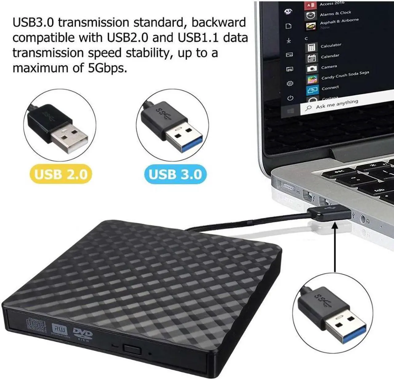 Alt view image 2 of 7 - Corrugated External USB 3.0 High Speed Slim DVD Burner Optical Drive For Any Laptop Desktop Writer Player Portable for PC Mac OS Windows 10 7 8 XP Vista