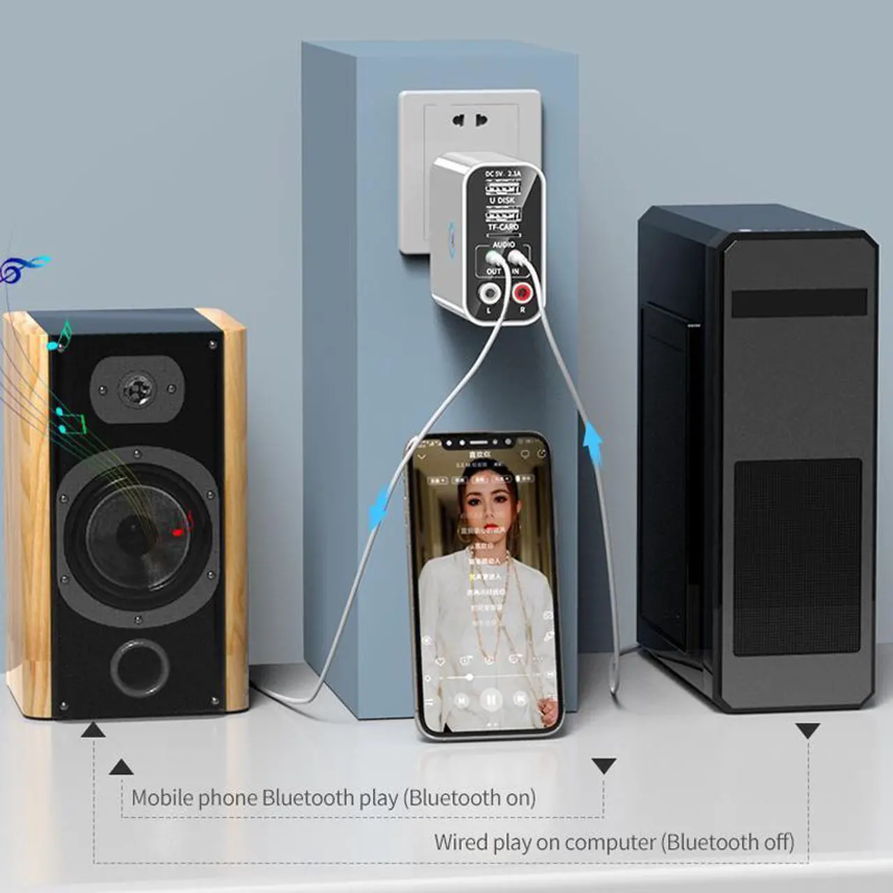 Alt view image 6 of 7 - 2 In 1 Bluetooth 5.0 Receiver Transmitter 3.5mm Aux L/R RCA Wireless Audio Adapter U Disk/TF Play Support APP Control USB Charger