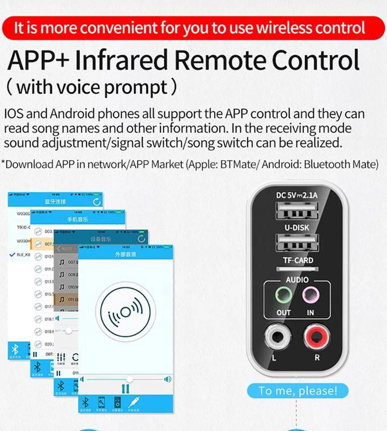 Alt view image 7 of 7 - 2 In 1 Bluetooth 5.0 Receiver Transmitter 3.5mm Aux L/R RCA Wireless Audio Adapter U Disk/TF Play Support APP Control USB Charger