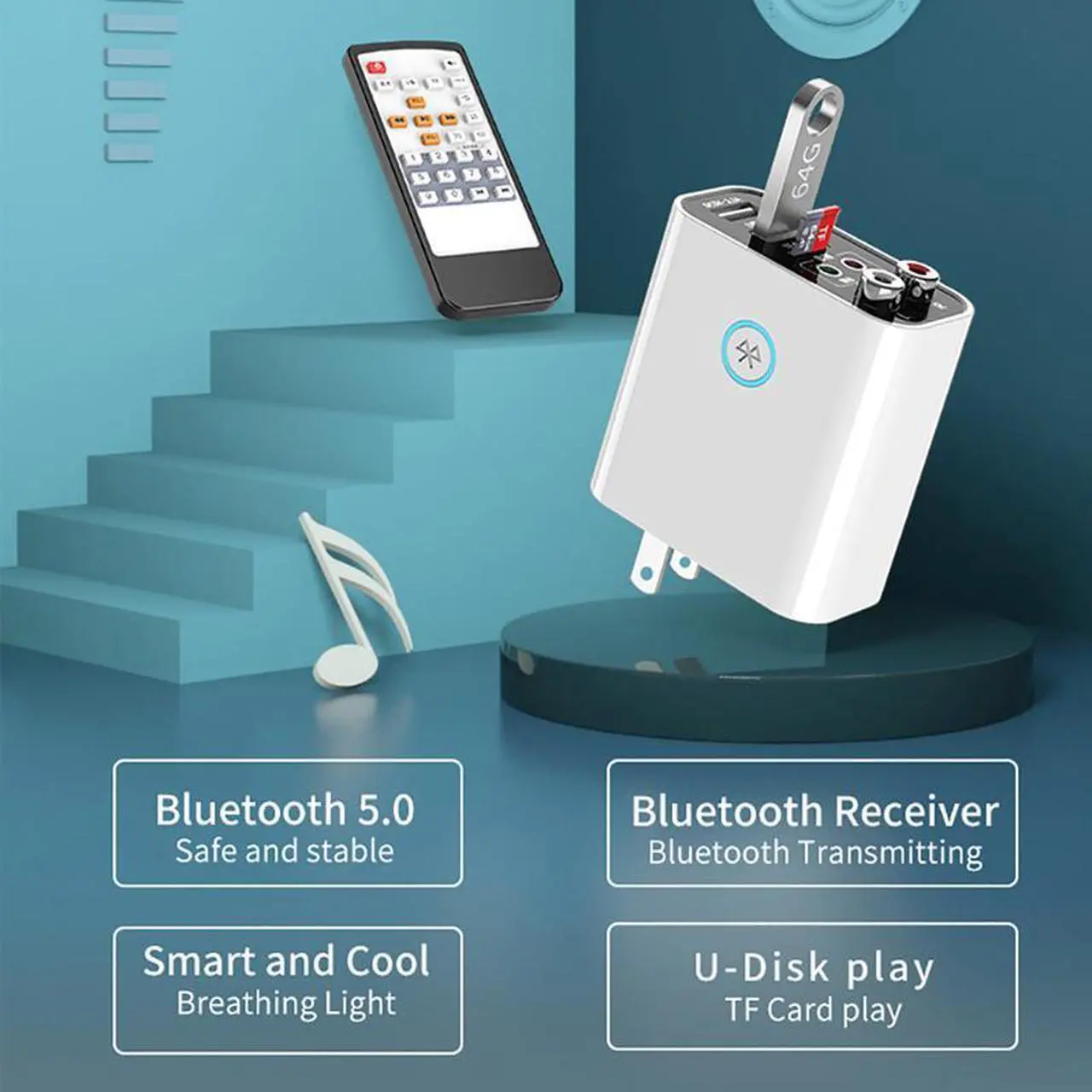 Alt view image 4 of 7 - 2 In 1 Bluetooth 5.0 Receiver Transmitter 3.5mm Aux L/R RCA Wireless Audio Adapter U Disk/TF Play Support APP Control USB Charger