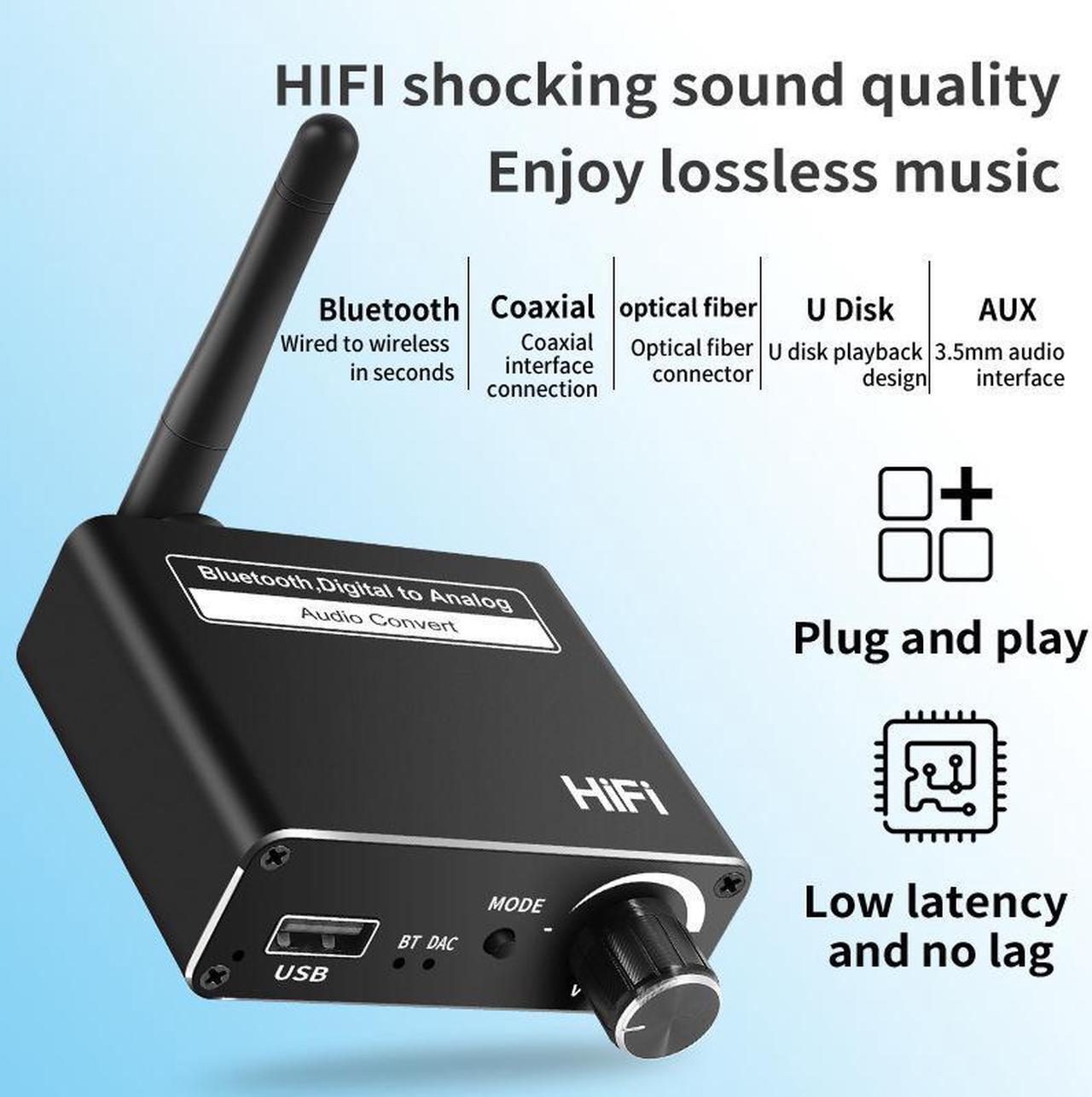 Alt view image 6 of 7 - DAC Bluetooth 5.0 Receiver Audio Converter Digital to Analog U Disk Play Toslink Optical Coaxial to Stereo 3.5mm R/L for HDTV,TV,Speaker,Amplifier,Headphone