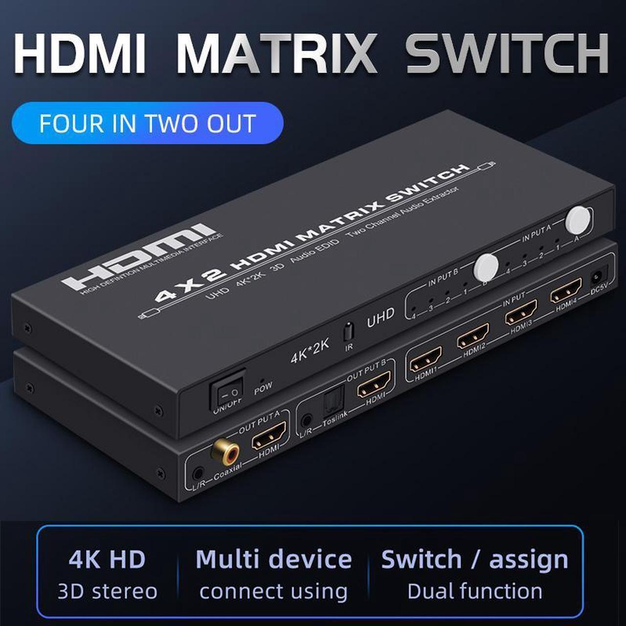 Alt view image 2 of 7 - HDMI 2.0 Matrix 4x2 HIFI with 3D Audio EDID HDMI Matrix Switcher 4 in 2 out Audio Extractor 4KHDMI Switcher Splitter
