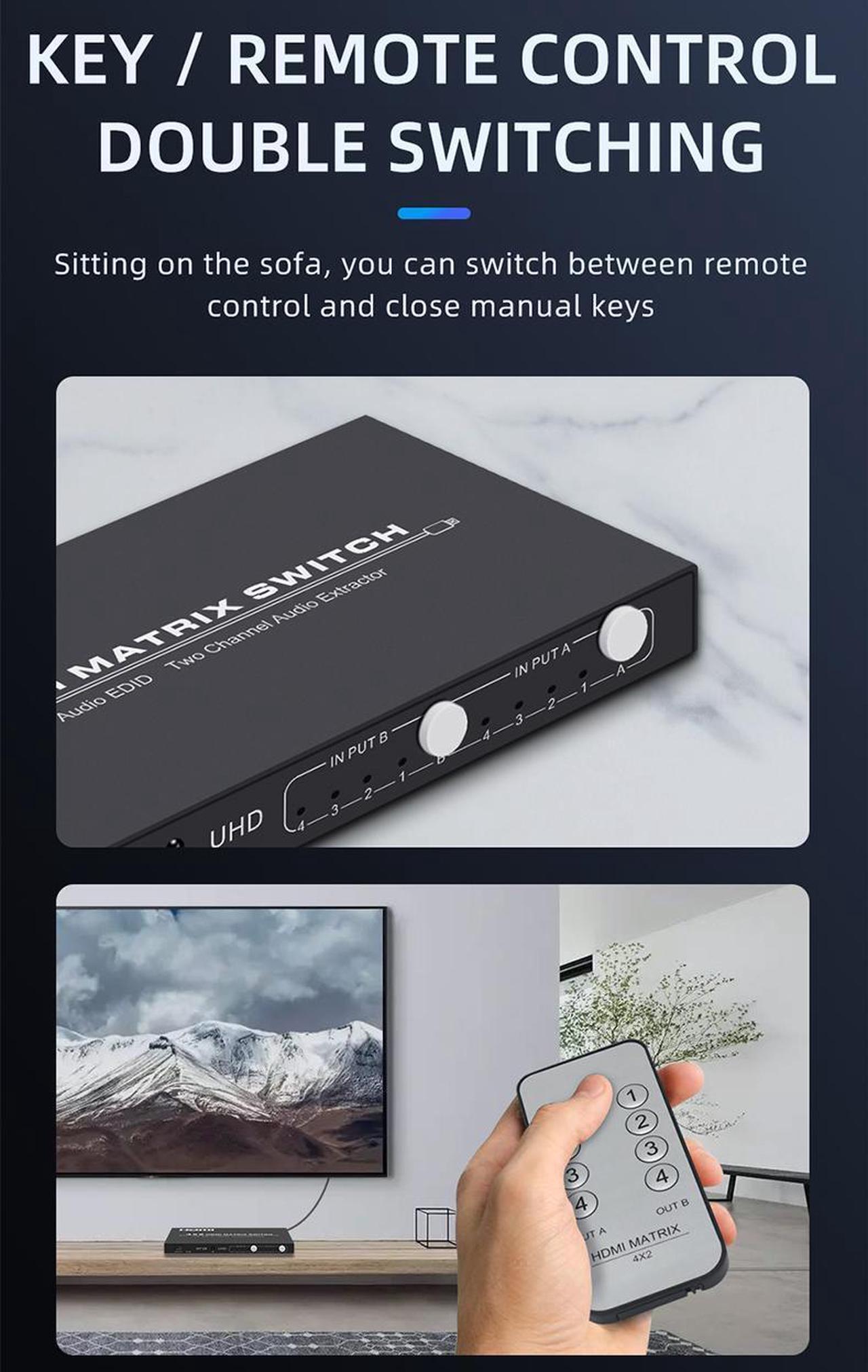 Alt view image 7 of 7 - HDMI 2.0 Matrix 4x2 HIFI with 3D Audio EDID HDMI Matrix Switcher 4 in 2 out Audio Extractor 4KHDMI Switcher Splitter