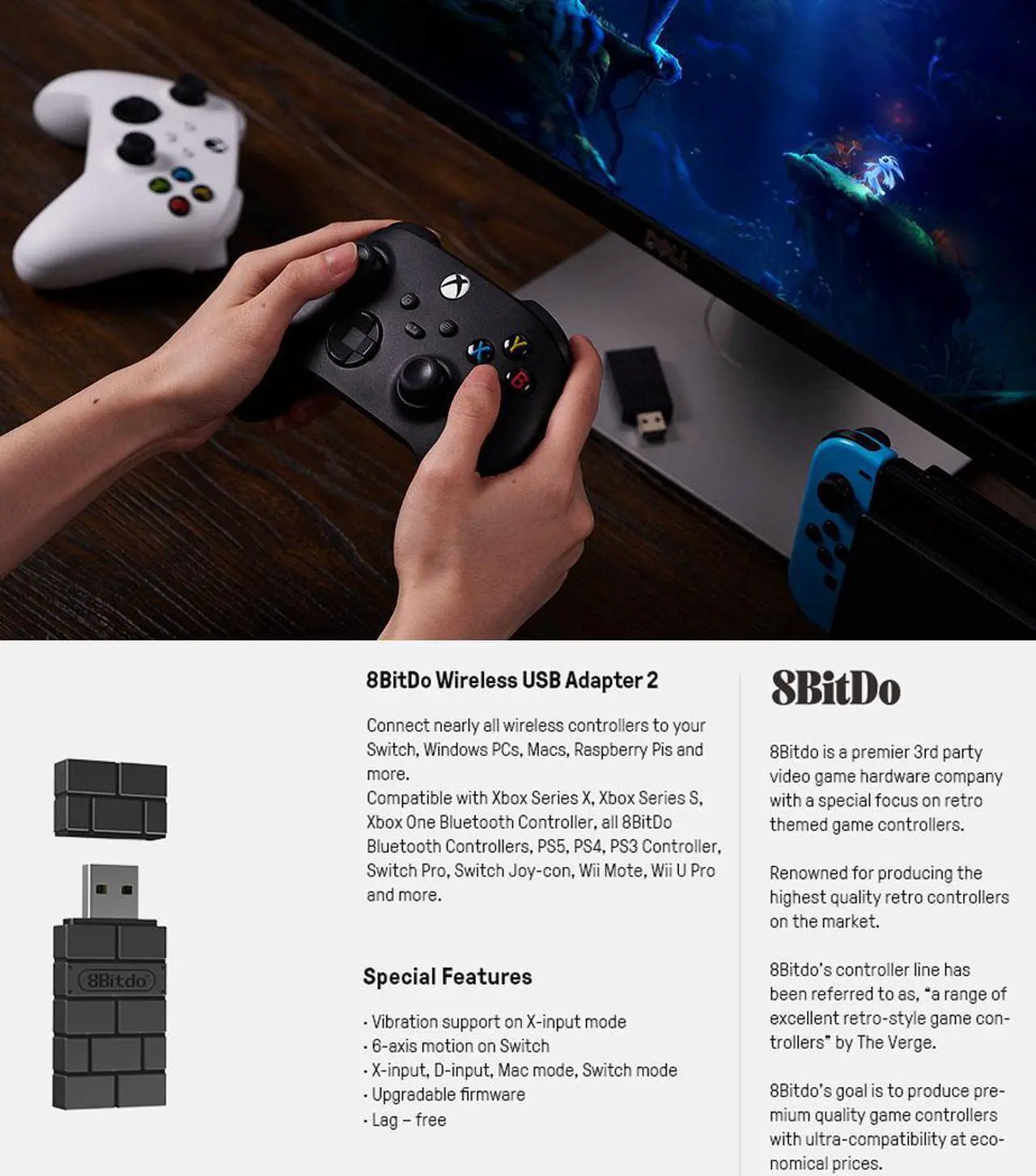 Alt view image 5 of 7 - 8Bitdo Wireless USB Adapter 2 for Switch, Windows, Mac & Raspberry Pi Compatible with Xbox Series X & S Controller, Xbox One Bluetooth Controller, Switch Pro and PS5 Controller