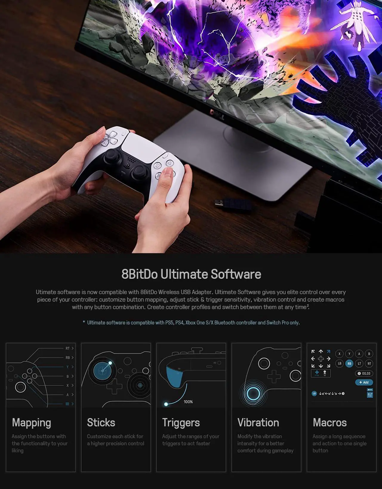 Alt view image 6 of 7 - 8Bitdo Wireless USB Adapter 2 for Switch, Windows, Mac & Raspberry Pi Compatible with Xbox Series X & S Controller, Xbox One Bluetooth Controller, Switch Pro and PS5 Controller