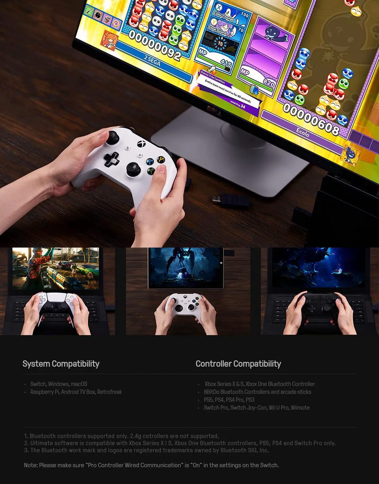 Alt view image 7 of 7 - 8Bitdo Wireless USB Adapter 2 for Switch, Windows, Mac & Raspberry Pi Compatible with Xbox Series X & S Controller, Xbox One Bluetooth Controller, Switch Pro and PS5 Controller
