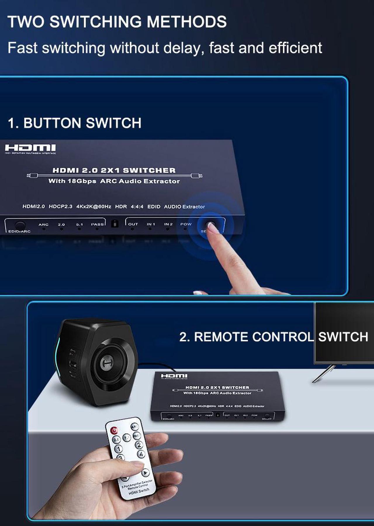 Alt view image 5 of 7 - Audio Extractor & HDMI Video Switch UHD HDMI to HDMI+Audio (SPDIF+LCH/RCH) Audio Splitter 4K 2 In 1 Out HDMI Switch Video Audio Splitter - Extract Audio while Switching