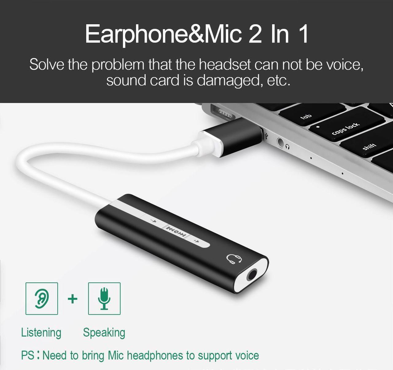 Alt view image 2 of 5 - USB External Sound Card 7.1 Adapter cable 2 in 1 3.5 mm Jack Aux Audio 3D Stereo Mic Headset Microphone For Laptop PC