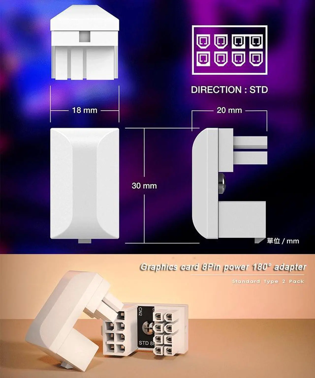 Alt view image 7 of 7 - White 8pin Graphics Card Power Connector 180° Turning Steering Head ,Computer GPU Power Supply Connector 8PIN Adapter 180° Turning(2 PACK One Positive Direction and One Negative Direction )