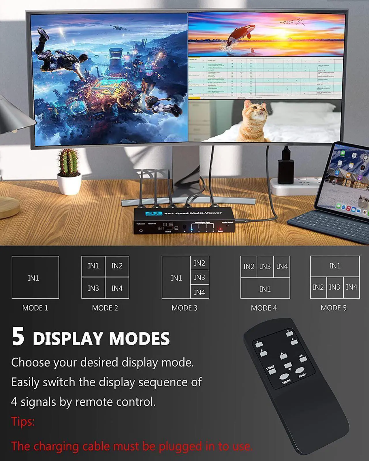 Alt view image 4 of 7 - HDMI 4x1 Multi-viewer switcher 4K Seamless Quad Screen Real Time Multi Viewer Splitter 4 in 1 out HDMI Switch Adapter with IR