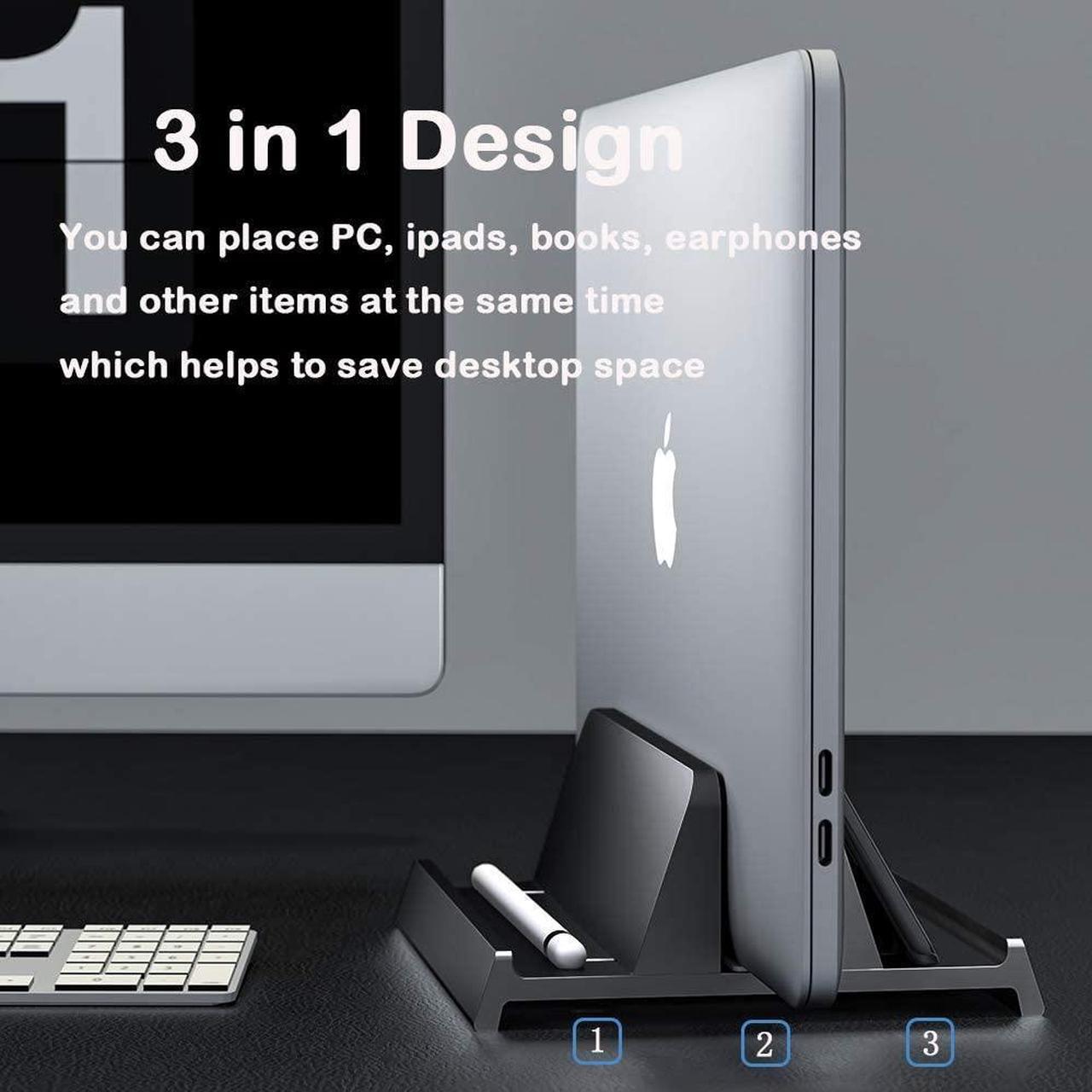 Alt view image 2 of 7 - Vertical Laptop Stand Holder Adjustable Desktop Notebook Dock 3 in 1 Space-Saving Stand for MacBook Pro Air, Laptop Accessories
