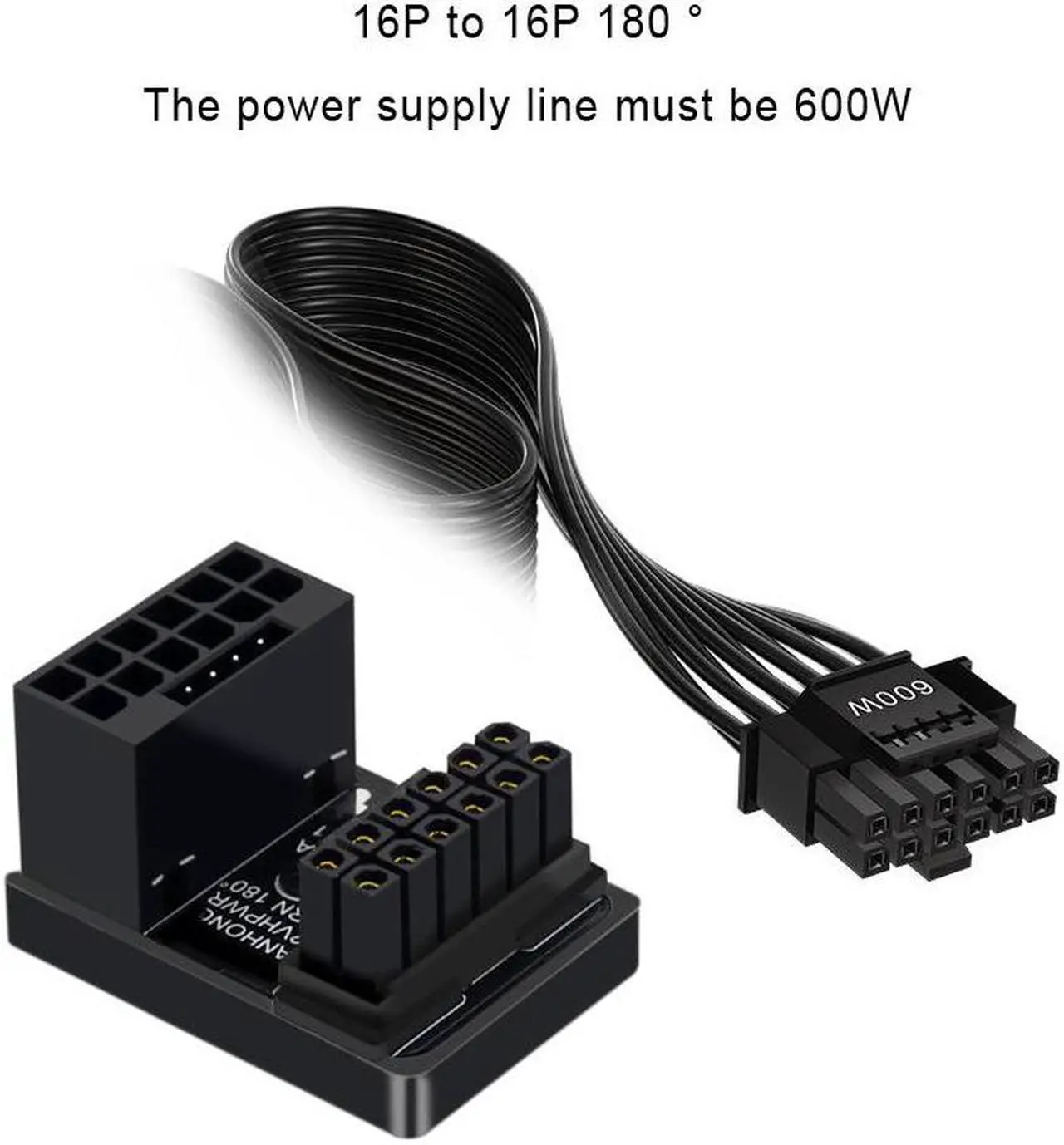Alt view image 4 of 6 - 16P to 16P PCIe 5.0 Graphics Card Connector Adapter ATX3.0 Power Supply 12VHPWR 12+4 16P 600W Male/Female 180 Degree Steering Head - Mode A - Black
