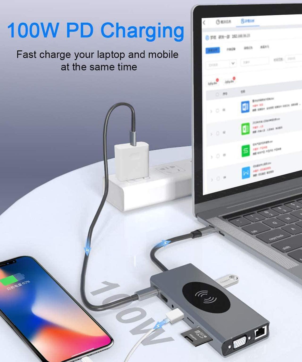Alt view image 3 of 7 - 15 in 1 USB C Hub Multiport Adapter-Hieha USB-C Docking Station with 4K HDMI, VGA, Ethernet, Wireless Charging, 100W PD, 3 USB 3.0, SD/TF Card Reader Compatible for MacBook Pro and More Type C Laptops