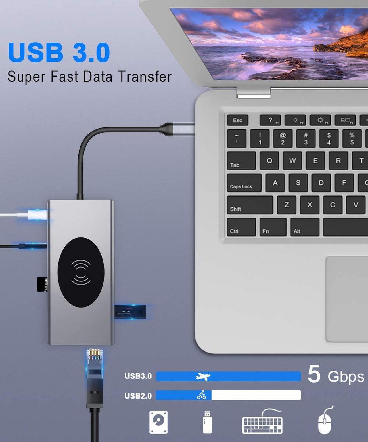 Alt view image 5 of 7 - 15 in 1 USB C Hub Multiport Adapter-Hieha USB-C Docking Station with 4K HDMI, VGA, Ethernet, Wireless Charging, 100W PD, 3 USB 3.0, SD/TF Card Reader Compatible for MacBook Pro and More Type C Laptops