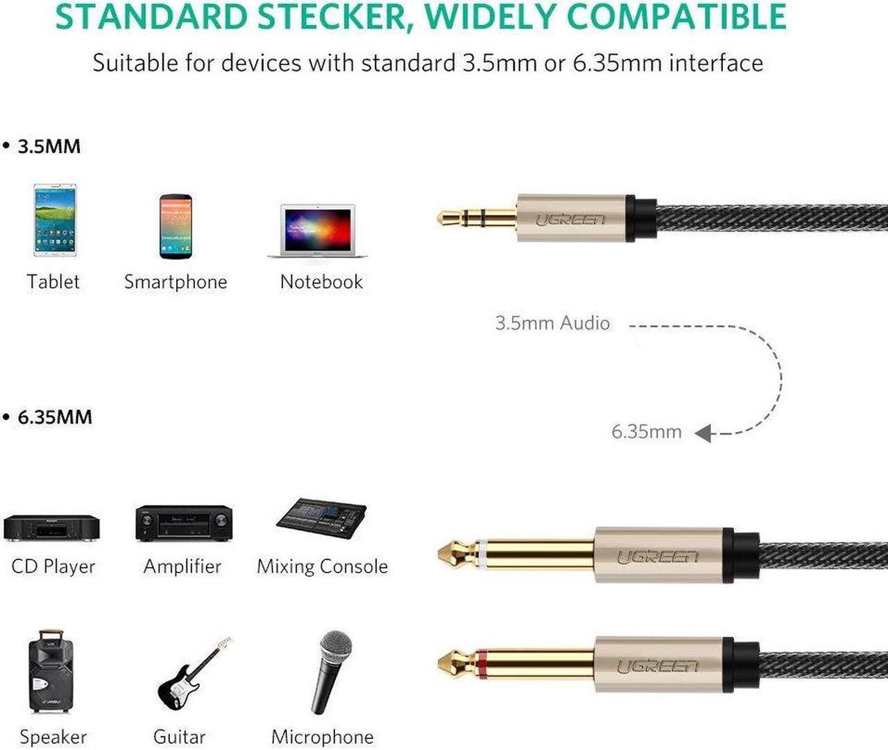 Alt view image 2 of 7 - 3.5mm to Double 6.35MM Stereo Jack Audio Cable Gold Plated 3.5mm 1/8 TRS to 6.35mm 1/4 TS Mono Y-Cable Splitter Cord for iPhone Multimedia Speakers and Home Stereo Systems - Black, 6FT