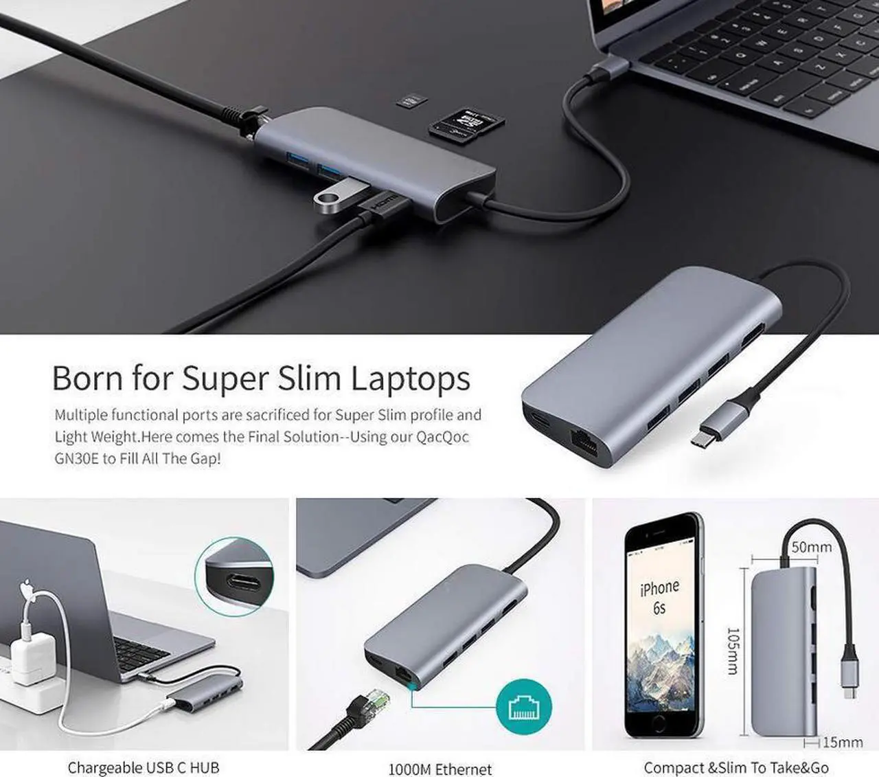 Alt view image 7 of 7 - Basix 8 in1 USB Type C 3.1 HUB forType-C to USB 3.0 / 4K HDMI / RJ45 Ethernet / SD TF Card reader USB Type-C OTG For New Macbook -Silver