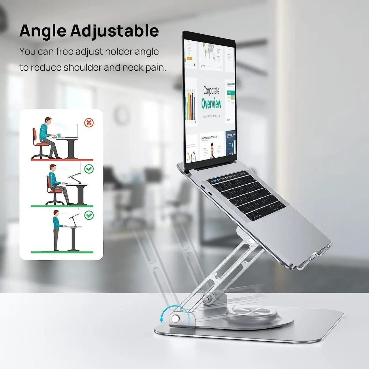 Alt view image 5 of 7 - Laptop Stand, Ergonomic 360° Swivel Laptop Stand for Desk, Adjustable Metal Computer Stand, Foldable and Portable Laptop Riser Holder for MacBook, iPad Pro, 10-16" Laptops - Silver