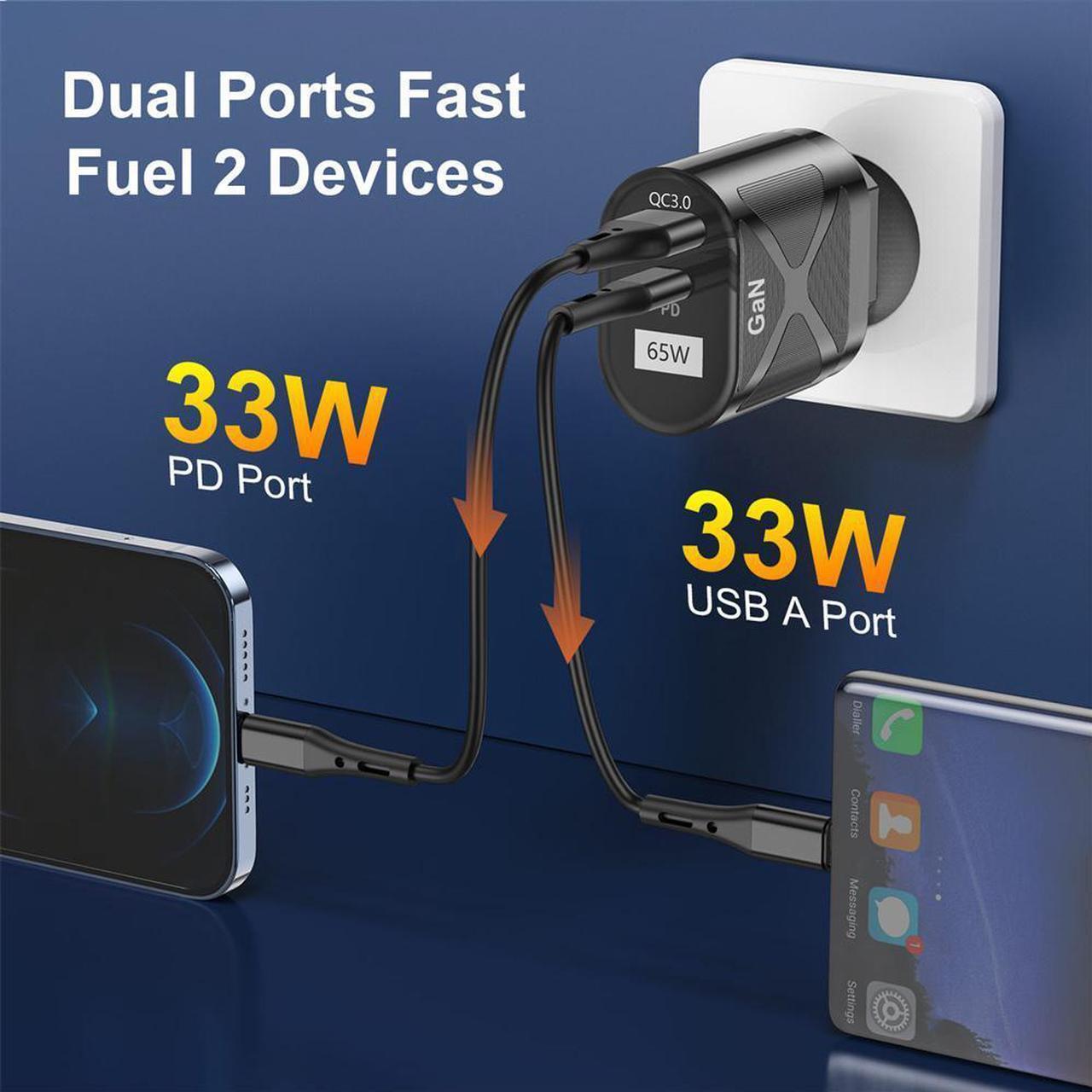 Alt view image 4 of 7 - Dual Port USB C Charger 65W PD 3.0 USB C Wall Charger Portable Adapter with iPhone Charger USB C Block Plug Compatible with iPhone 13/13 Pro/12/12 Pro Max/MacBook/iPad Pro/Galaxy - Black