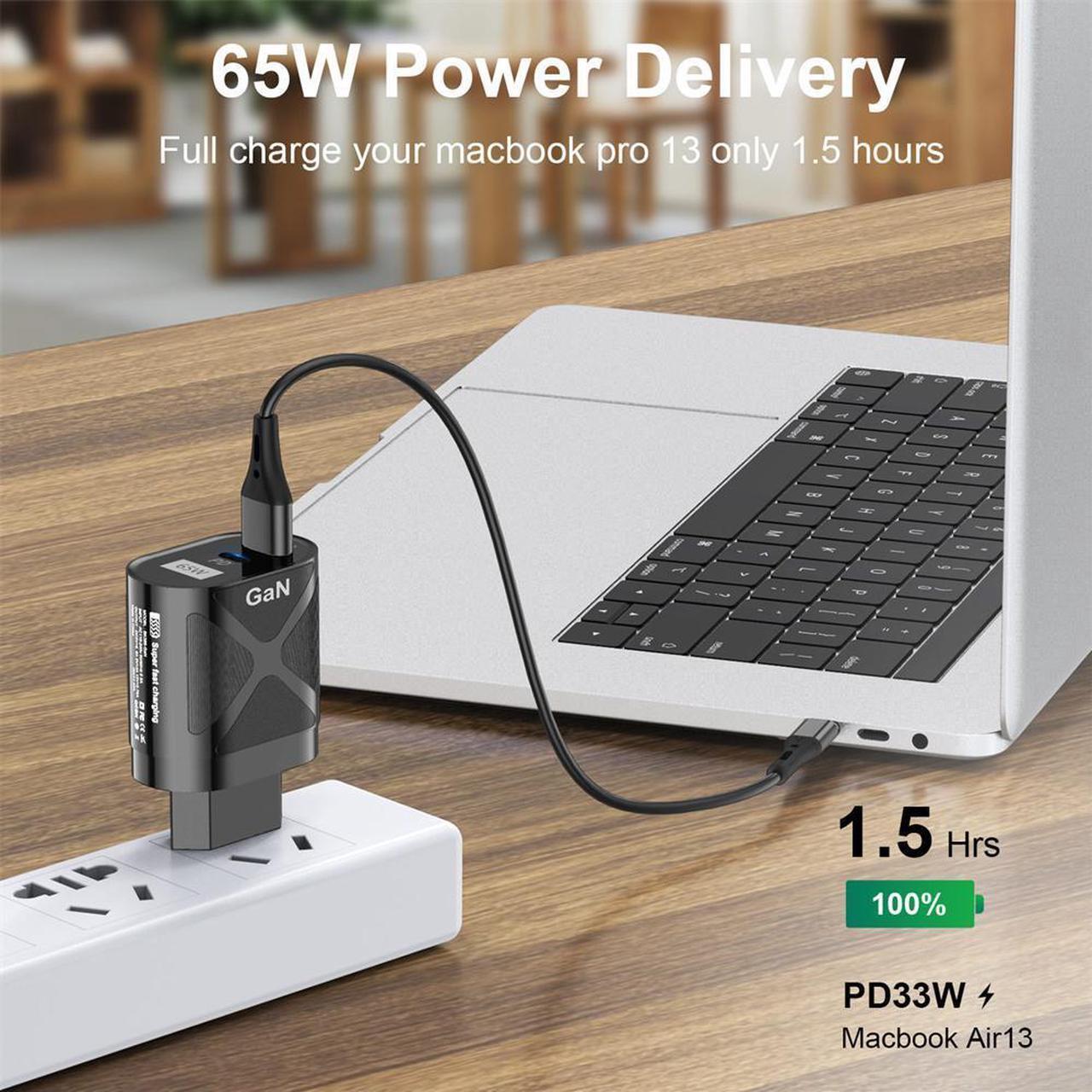 Alt view image 6 of 7 - Dual Port USB C Charger 65W PD 3.0 USB C Wall Charger Portable Adapter with iPhone Charger USB C Block Plug Compatible with iPhone 13/13 Pro/12/12 Pro Max/MacBook/iPad Pro/Galaxy - Black
