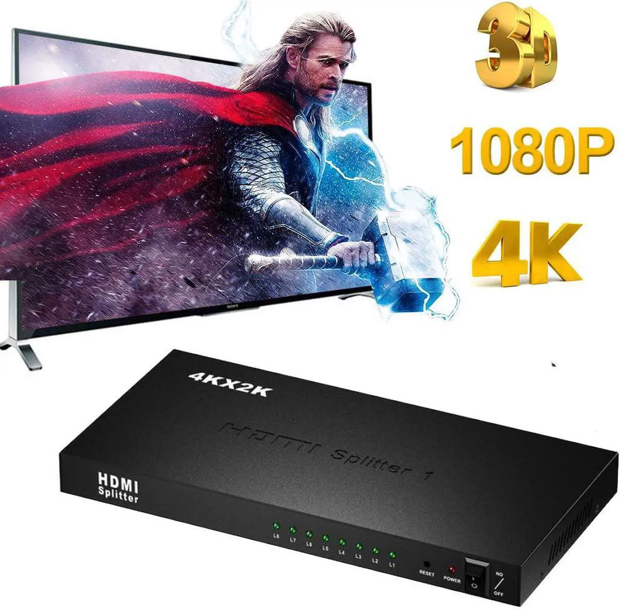 Alt view image 5 of 7 - HDMI Splitter - 8-Port - 4Kx2K 3D 1080P - HDMI Splitter 1 In 8 Out - 8 Way HDMI Splitter - HDMI Port Splitter -For PS 3/4, Xbox, HDTVs, projectors, PC monitors,Blu-ray DVD player