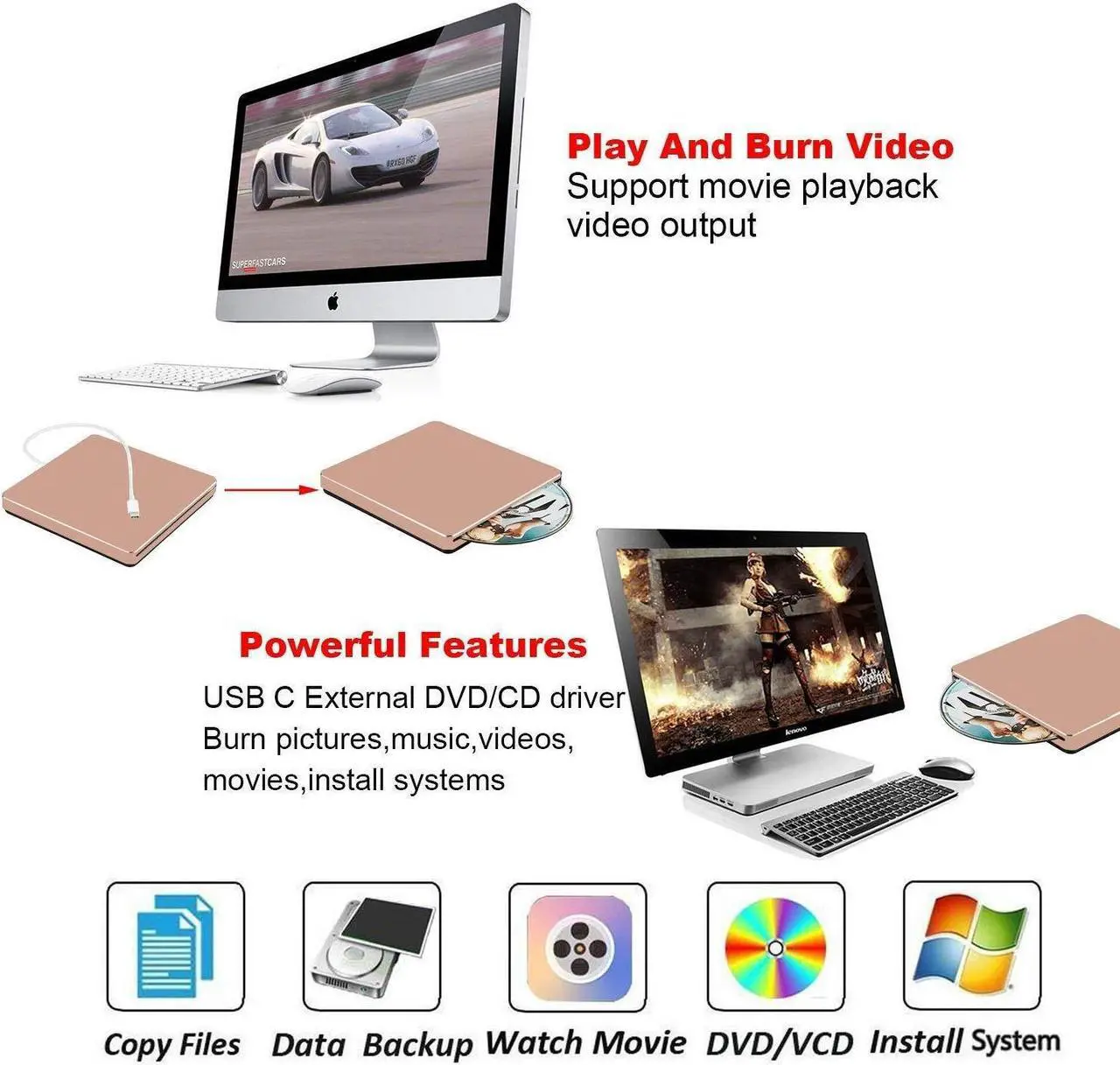 Alt view image 6 of 7 - External DVD Drive, Portable USB 3.0 Type-C CD/DVD Rewriter Burner Drive for Laptop Desktop PC Computer Windows Linux OS Apple Mac MacBook Pro Air iMac - High Speed Data Transfer, Rose Pink