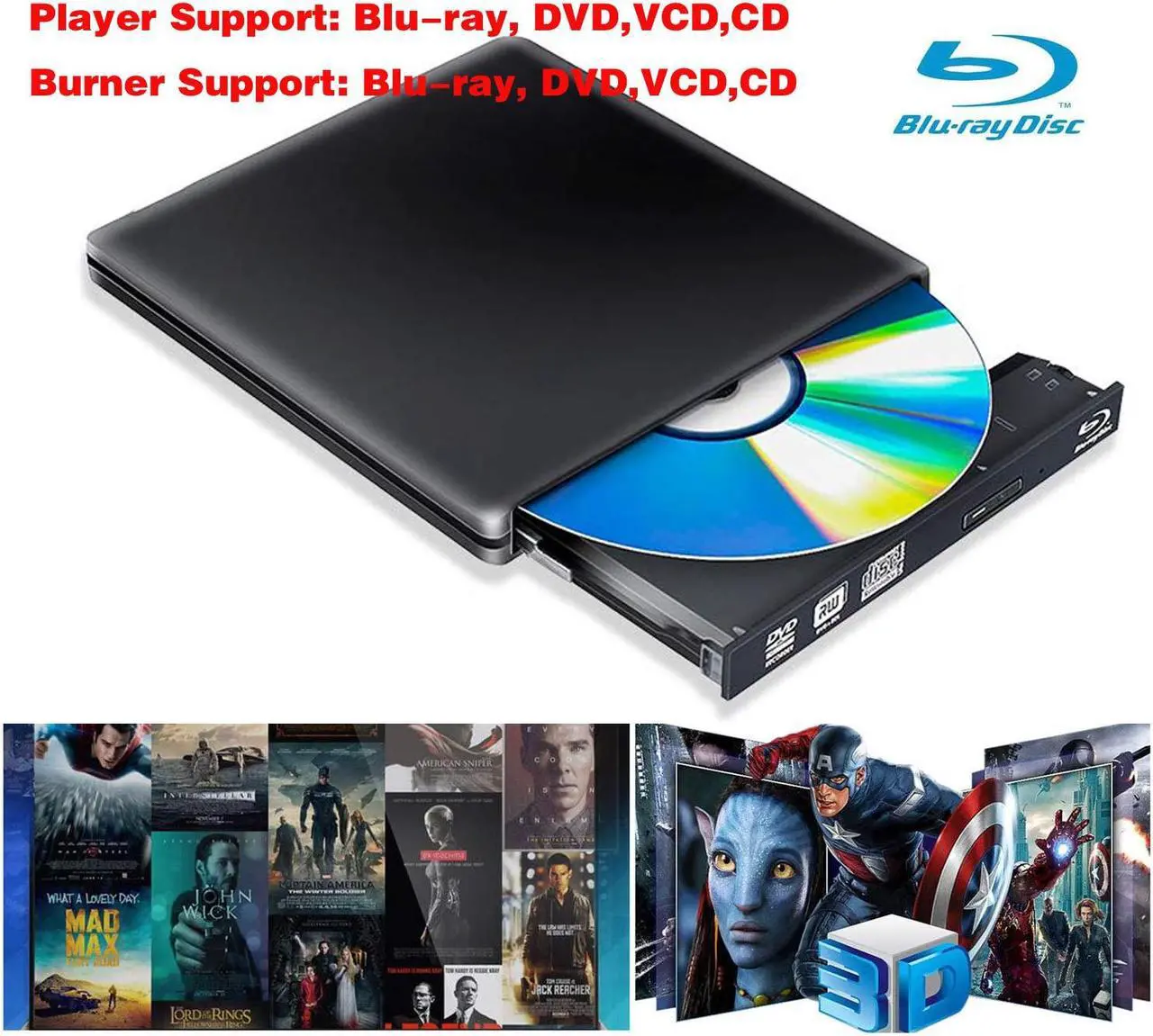 Alt view image 2 of 7 - Aluminum External Blu-Ray Burner Player Drive, Portable USB 3.0 CD DVD +/-RW Optical Drive Burner Player, Compatible for Windows 10 Laptop Computer Surface Pro Mac MacBook Pro Air iMac, (ODP95), Black