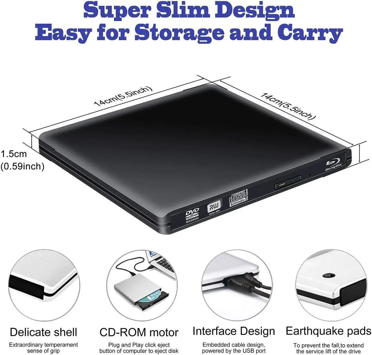 Alt view image 5 of 7 - Aluminum External Blu-Ray Burner Player Drive, Portable USB 3.0 CD DVD +/-RW Optical Drive Burner Player, Compatible for Windows 10 Laptop Computer Surface Pro Mac MacBook Pro Air iMac, (ODP95), Black