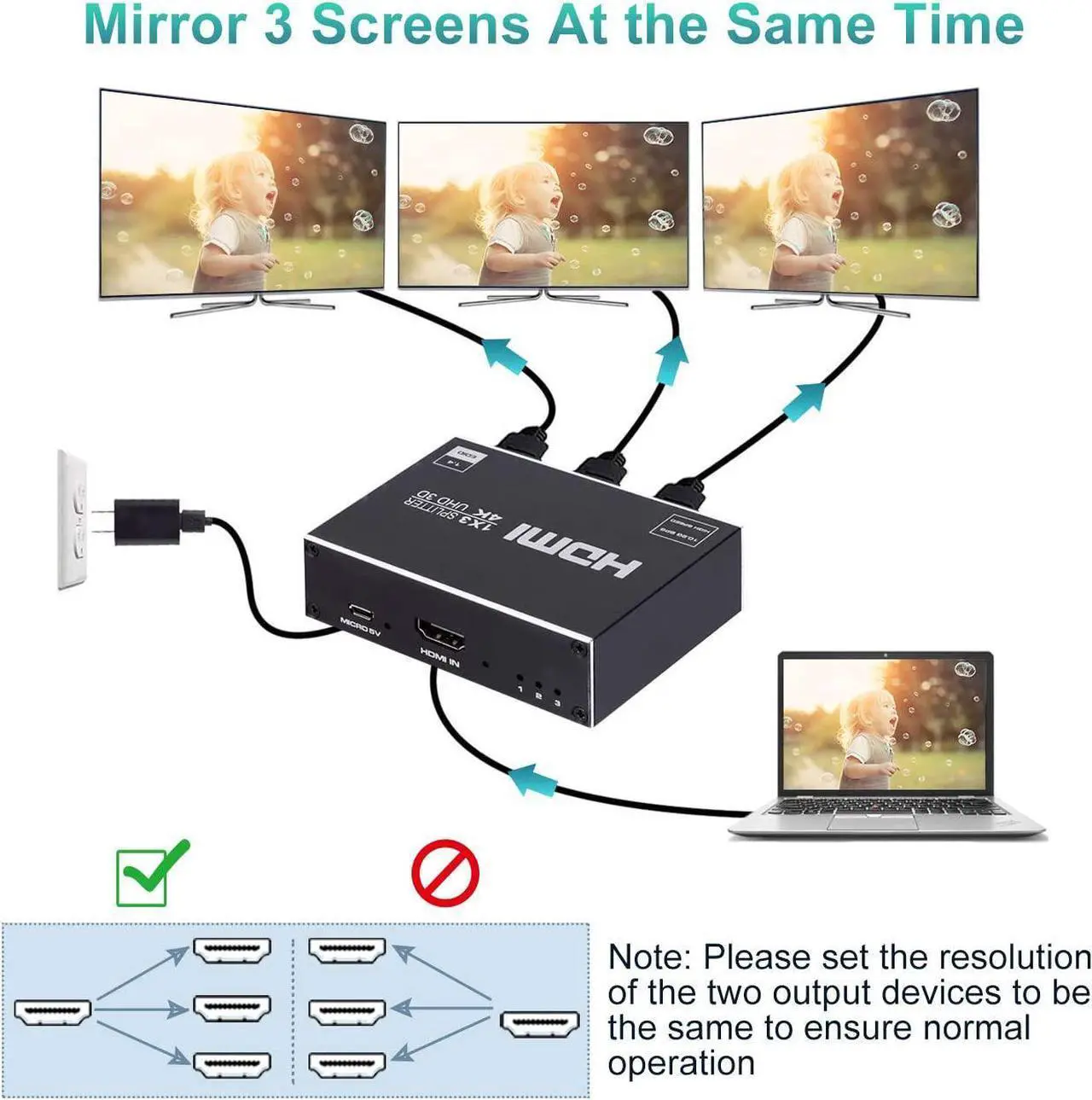 Alt view image 3 of 7 - Hdmi Splitter 1x3, HDMI Splitter 1 in 3 Out, HDMI Splitter Supports Full HD1080P 4K and 3D, Compatible with Xbox PS3/3 Roku Blu-Ray Player HDTV (Included AC Adapter) (Black)