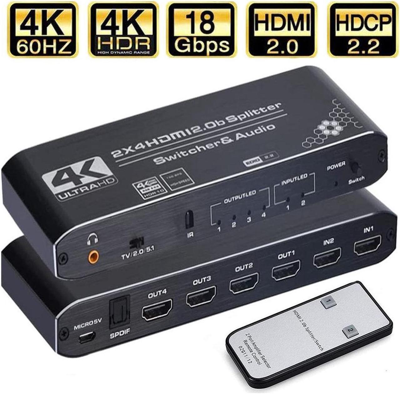 Main image of 4K HDMI Switcher Splitter with Optical & 3.5mm AUX Audio Audio Extractor Out, 2x4 HDMI Switcher Audio Extractor Support 4K@60Hz, 1080P@120Hz, HDCP 2.2, HDMI2.0b, 4K@60HZ, RGB4:4:4, 4K HDR