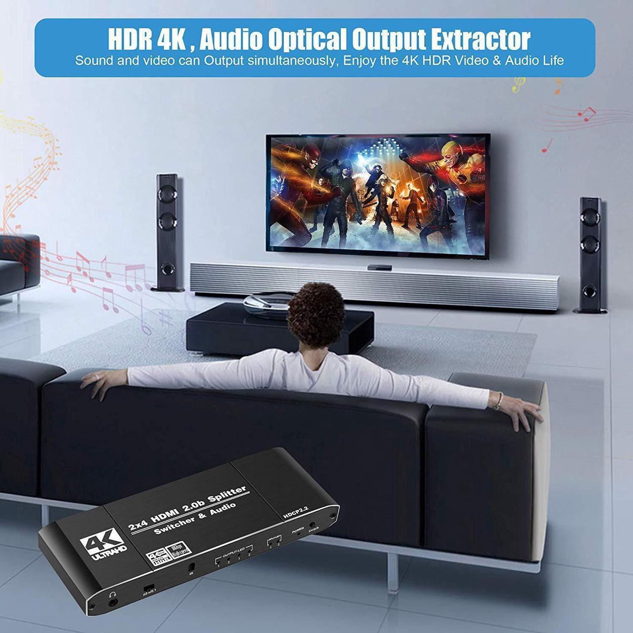 Alt view image 6 of 7 - 4K HDMI Switcher Splitter with Optical & 3.5mm AUX Audio Audio Extractor Out, 2x4 HDMI Switcher Audio Extractor Support 4K@60Hz, 1080P@120Hz, HDCP 2.2, HDMI2.0b, 4K@60HZ, RGB4:4:4, 4K HDR
