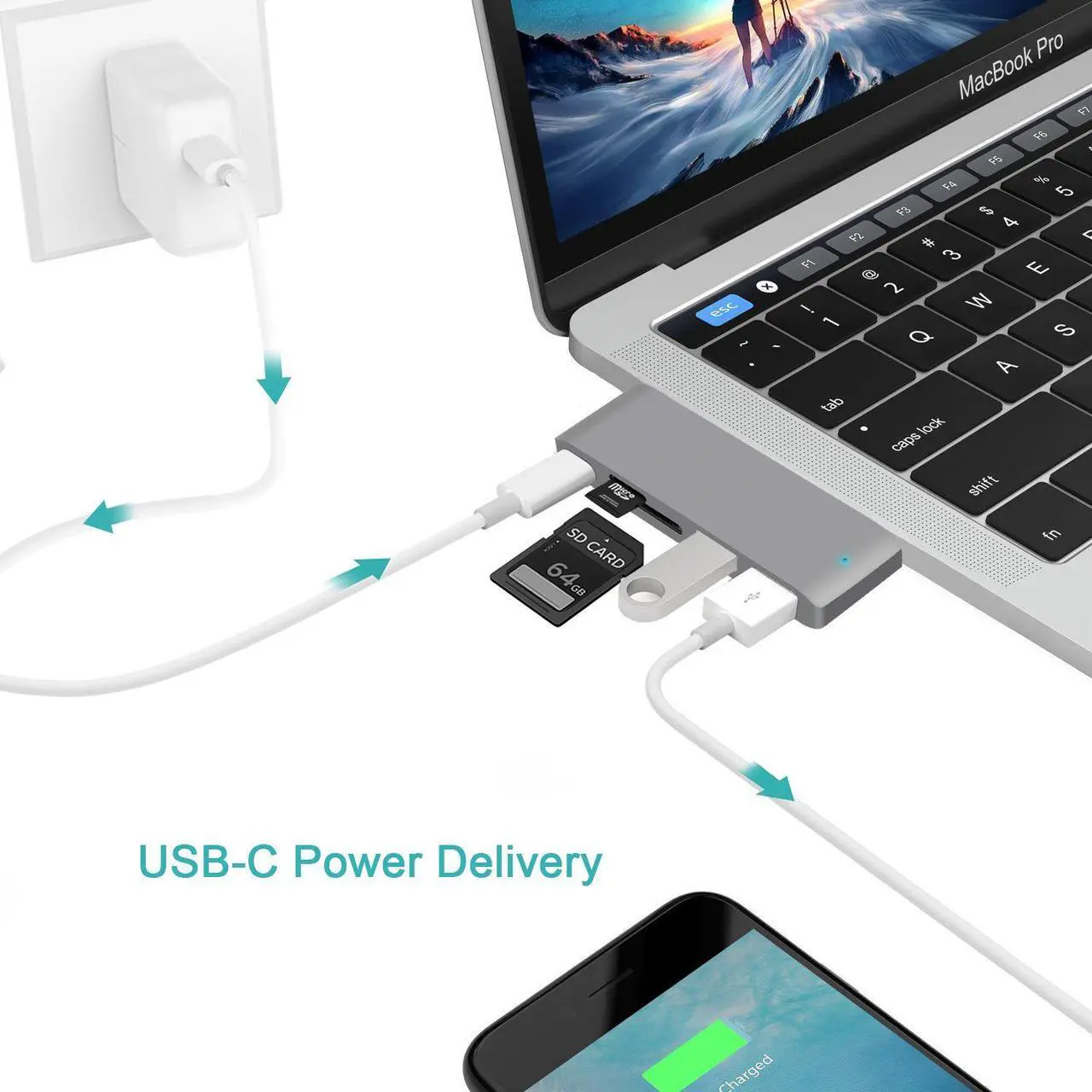Alt view image 2 of 7 - USB C Hub, 5 in 1 Type C Adapter with Power Type C Charging Port, 2 USB 3.0 Ports and SD/Micro SD Card Reader for MacBook Pro2015/2016/2017/Google Chromebook and More Type C Devices (Gray)