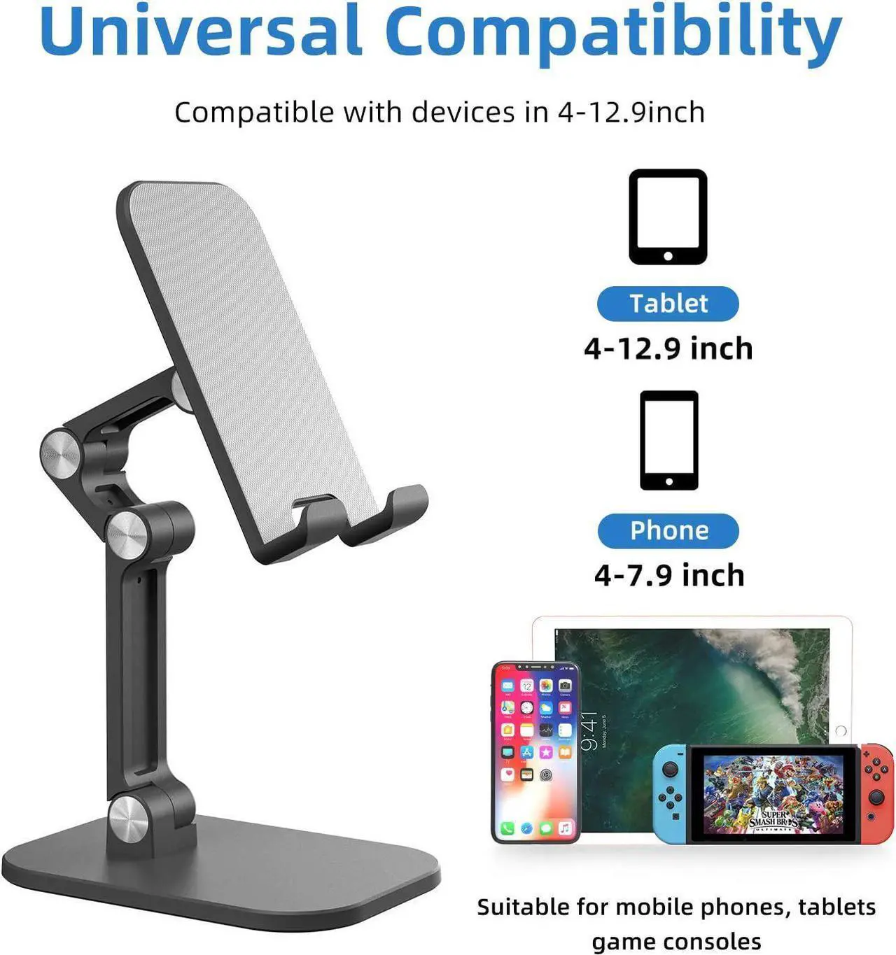 Alt view image 3 of 7 - Foldable Desktop Cell Phone Stand Holder,Upgraded Extensiable Anti-Slip Base and Height Angle Adjustable Desk Phone Holder for iPad Pro Air Mini, iPhone, Smartphone 4.7-12.9" Tablets, Black