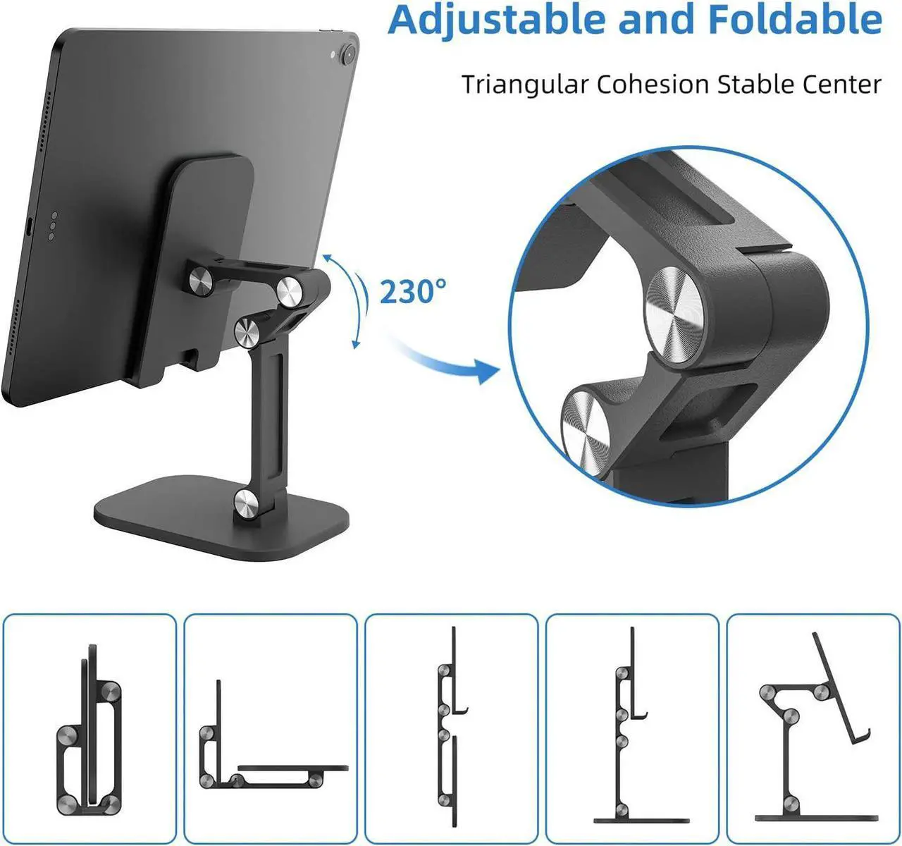 Alt view image 4 of 7 - Foldable Desktop Cell Phone Stand Holder,Upgraded Extensiable Anti-Slip Base and Height Angle Adjustable Desk Phone Holder for iPad Pro Air Mini, iPhone, Smartphone 4.7-12.9" Tablets, Black