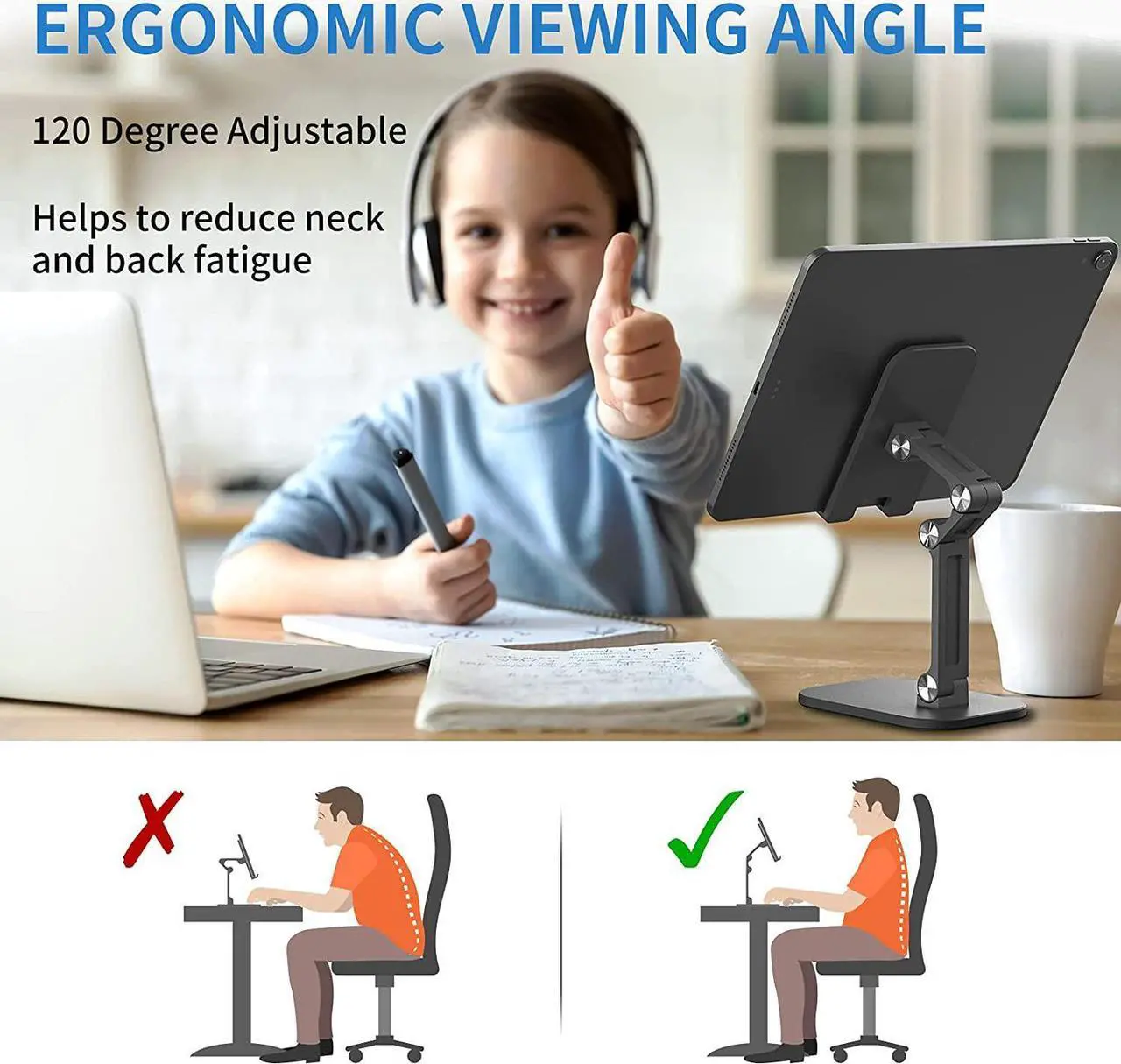 Alt view image 5 of 7 - Foldable Desktop Cell Phone Stand Holder,Upgraded Extensiable Anti-Slip Base and Height Angle Adjustable Desk Phone Holder for iPad Pro Air Mini, iPhone, Smartphone 4.7-12.9" Tablets, Black