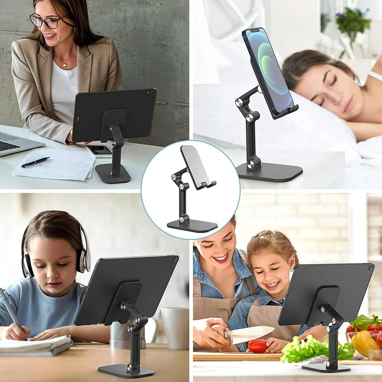 Alt view image 7 of 7 - Foldable Desktop Cell Phone Stand Holder,Upgraded Extensiable Anti-Slip Base and Height Angle Adjustable Desk Phone Holder for iPad Pro Air Mini, iPhone, Smartphone 4.7-12.9" Tablets, Black
