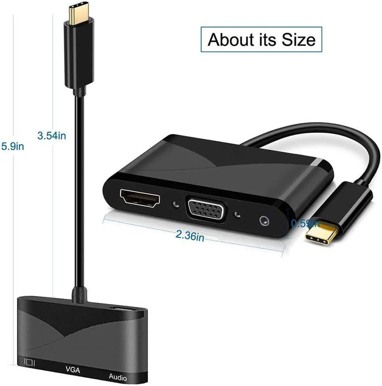 Alt view image 2 of 7 - USB C to HDMI VGA USB with 3.5mm Audio Hub Adapter, 4 in 1 USB Type C Multiport Dongle with UHD 4K HDMI VGA USB 2.0 3.5mm Audio Adapter for Projector,MacBook,Google Chromebook Pixel