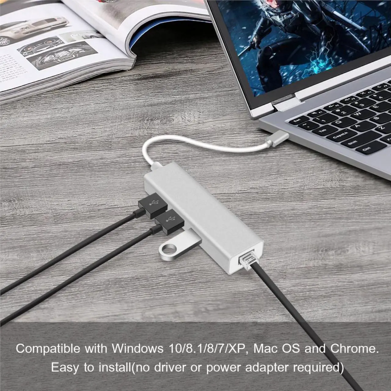 Alt view image 7 of 7 - Ethernet Adapter USB C to USB 3.0 Hub, Thunderbolt 3 Hub to RJ45 Gigabit Ethernet Port, LAN Wired Network Adapter Converter for Mac, MacBook Pro Air, ChromeBook, Dell and Other Type C Laptops - Silver