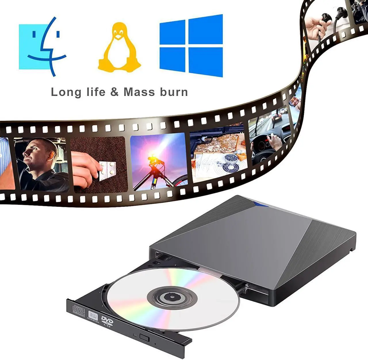 Alt view image 7 of 7 - External CD DVD Drive, USB 3.0 & Type-C External DVD Drive, CD DVD Burner Player Writer CD DVD +/- RW for Windows 10 8 7 XP Vista Mac OS MacBook Air, MacBook Pro PC Laptop