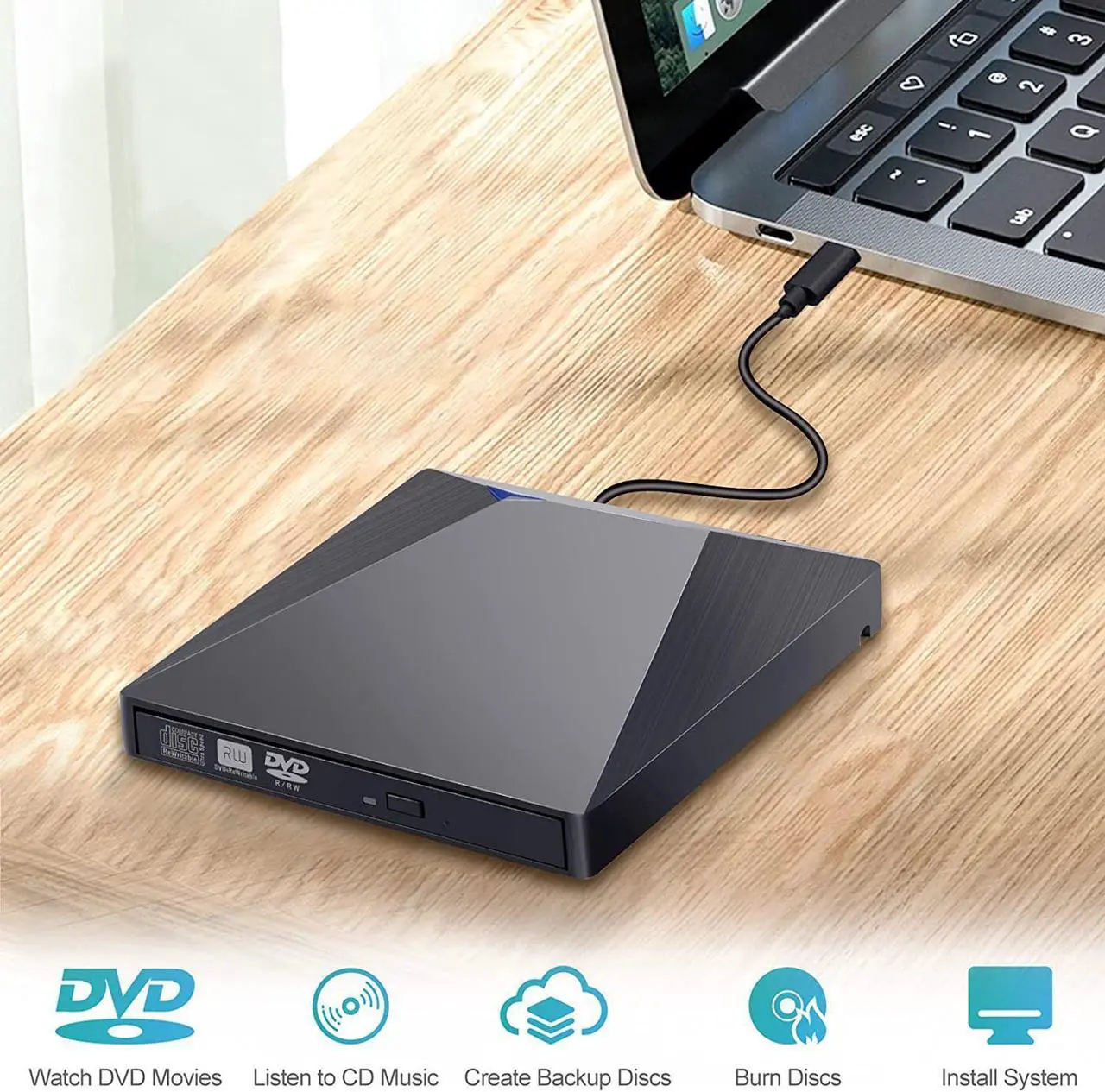 Alt view image 5 of 7 - External CD DVD Drive, USB 3.0 & Type-C External DVD Drive, CD DVD Burner Player Writer CD DVD +/- RW for Windows 10 8 7 XP Vista Mac OS MacBook Air, MacBook Pro PC Laptop