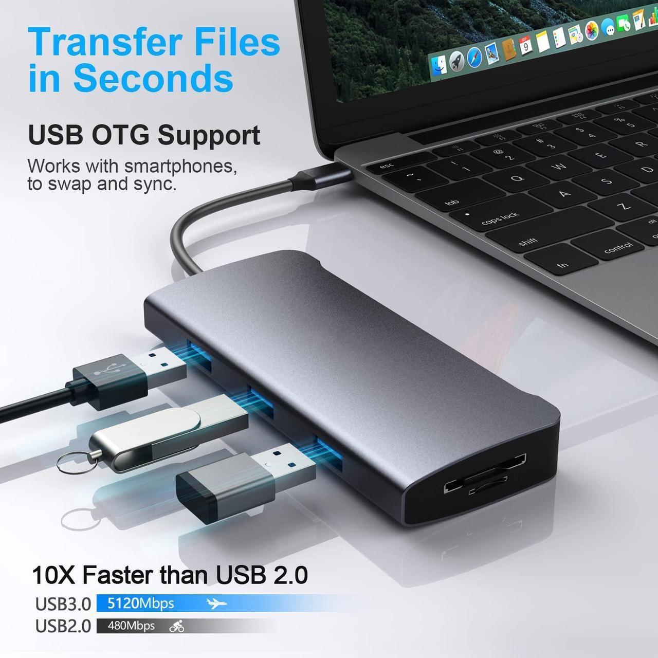 Alt view image 2 of 7 - USB C Hub, 9 in 1 Aluminum Adapter with 100W Power Delivery, RJ45 Ethernet, 4K HDMI, VGA, 3 USB 3.0 Ports, SD/TF, USB C Dongle for M-a-c-B-o-o-k Pro/Air Thunderbolt 3 Multiport Dock USB Type C Laptop
