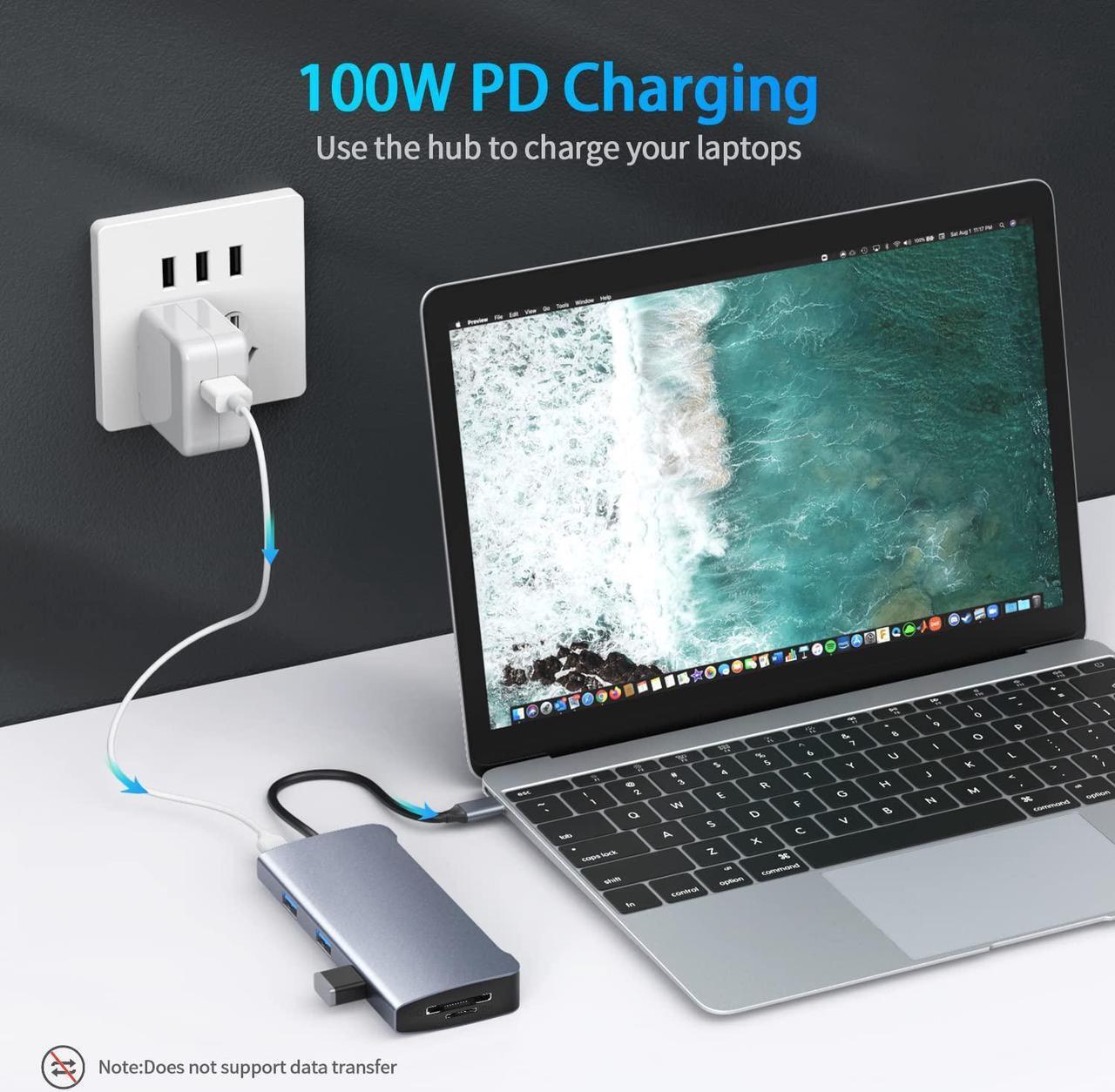 Alt view image 6 of 7 - USB C Hub, 9 in 1 Aluminum Adapter with 100W Power Delivery, RJ45 Ethernet, 4K HDMI, VGA, 3 USB 3.0 Ports, SD/TF, USB C Dongle for M-a-c-B-o-o-k Pro/Air Thunderbolt 3 Multiport Dock USB Type C Laptop