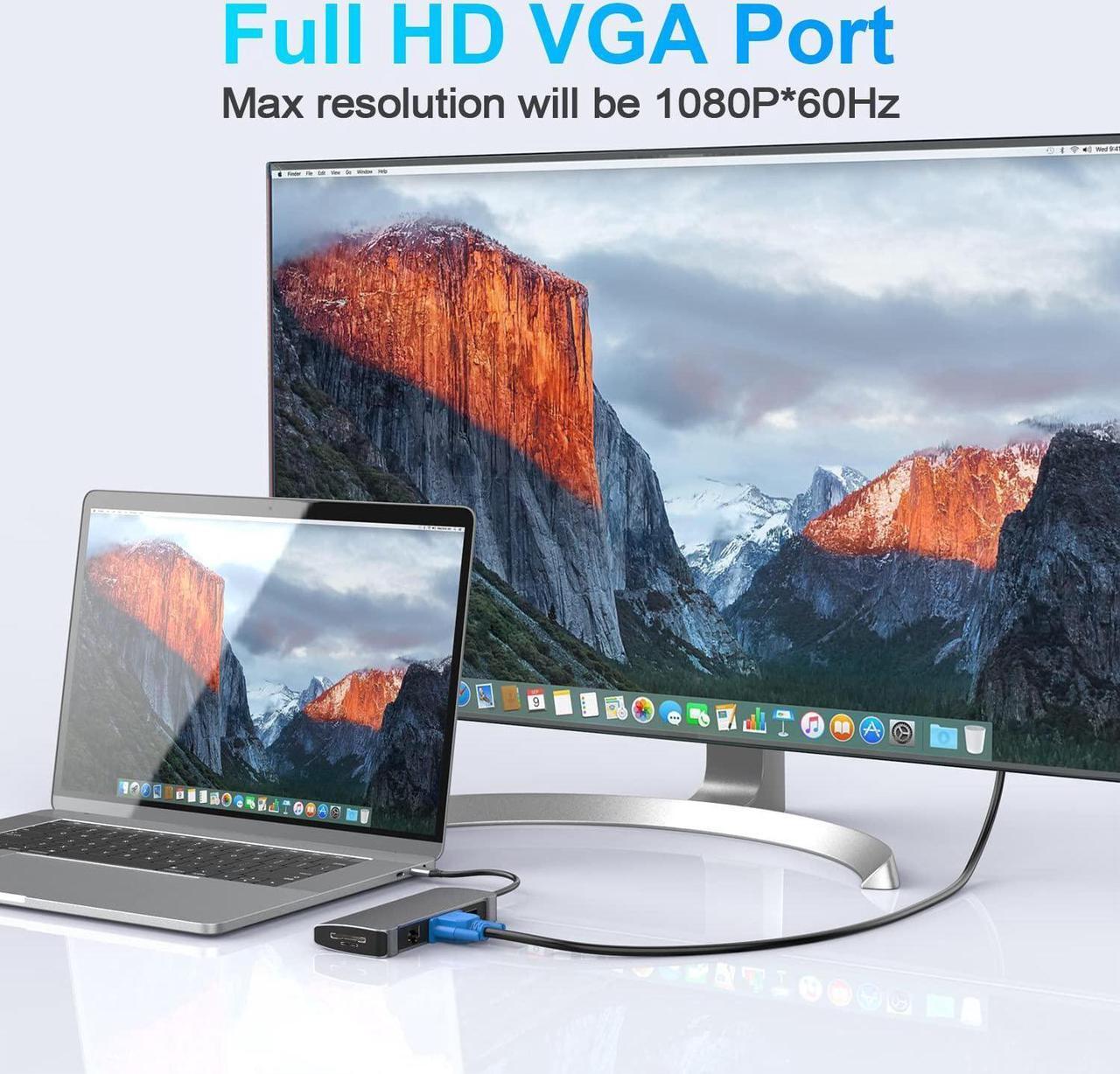 Alt view image 5 of 7 - USB C Hub, 9 in 1 Aluminum Adapter with 100W Power Delivery, RJ45 Ethernet, 4K HDMI, VGA, 3 USB 3.0 Ports, SD/TF, USB C Dongle for M-a-c-B-o-o-k Pro/Air Thunderbolt 3 Multiport Dock USB Type C Laptop