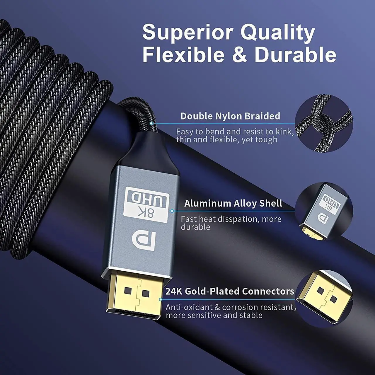 Alt view image 4 of 7 - 8K DisplayPort Cable 1.4 6.6ft / 2M DP Cable 1.4 8K @60Hz 4K @144Hz 1080P @240Hz VESA Certified HBR3 32.4Gbps HDCP 2.2 HDR DSC 1.2 Nylon Braided DisplayPort to DisplayPort Cord for Gaming Monitor PC