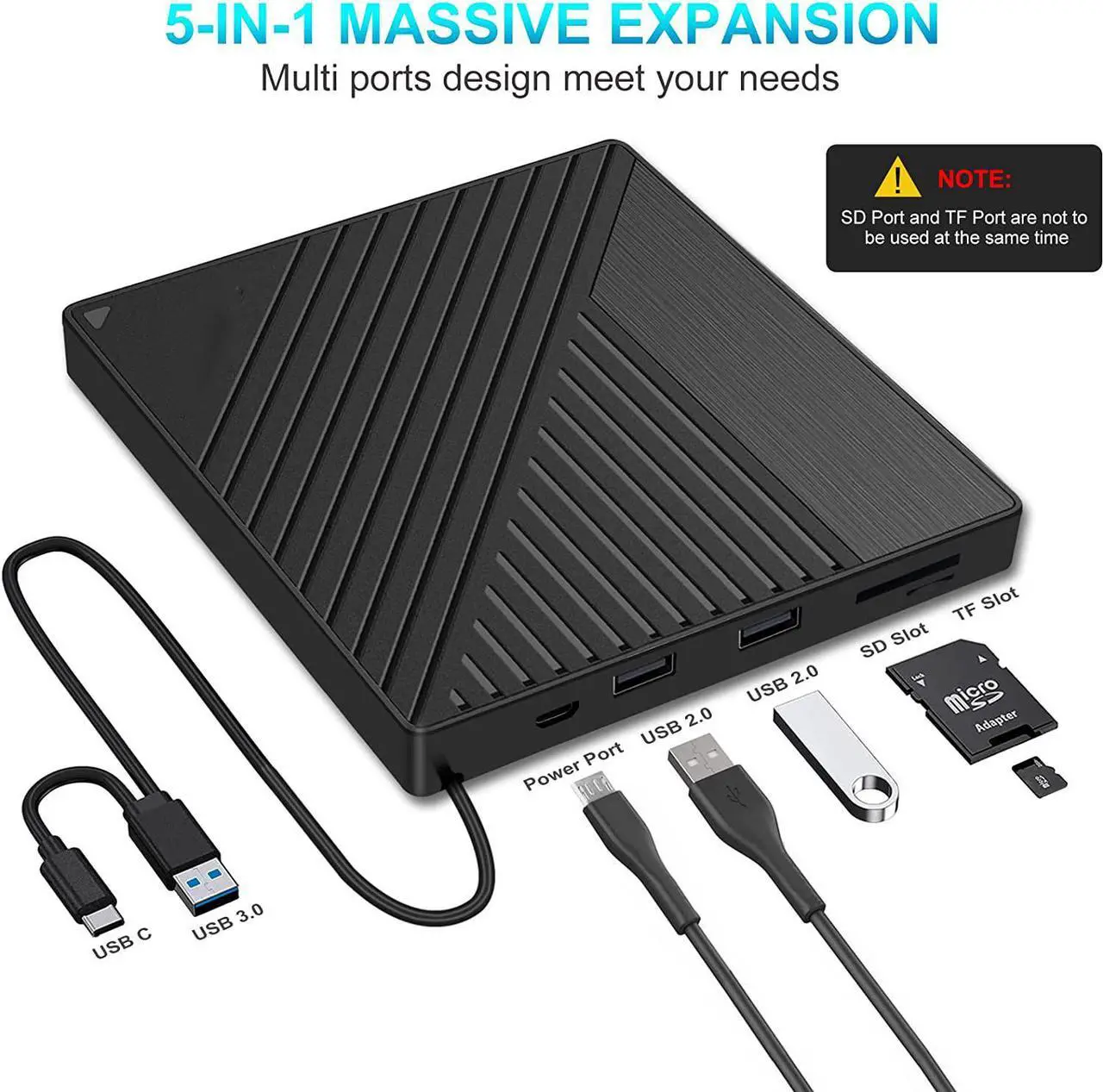 Alt view image 4 of 7 - External DVD CD Drive, USB3.0 & Type C with SD/TF Card Reader USB Hub Portable Disk Burner Player Writer Low Noise High Speed Data Transfer for Laptop, Desktop, Mac, Windows