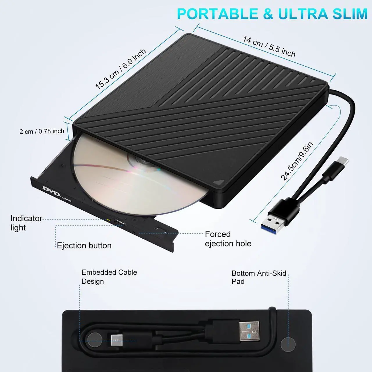Alt view image 5 of 7 - External DVD CD Drive, USB3.0 & Type C with SD/TF Card Reader USB Hub Portable Disk Burner Player Writer Low Noise High Speed Data Transfer for Laptop, Desktop, Mac, Windows