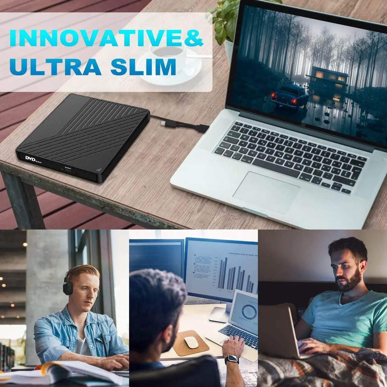 Alt view image 7 of 7 - External DVD CD Drive, USB3.0 & Type C with SD/TF Card Reader USB Hub Portable Disk Burner Player Writer Low Noise High Speed Data Transfer for Laptop, Desktop, Mac, Windows