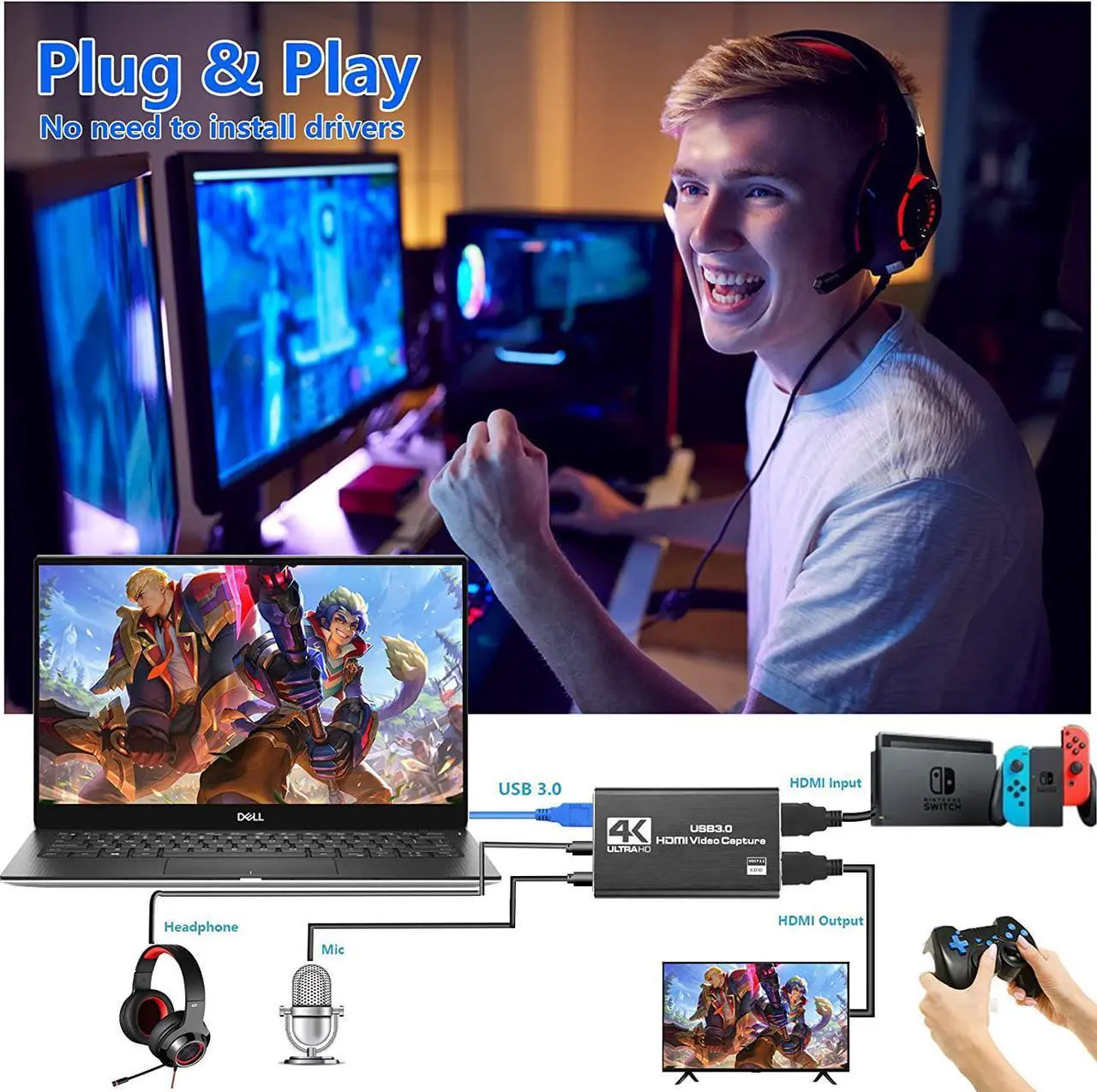 Alt view image 2 of 7 - 4K Capture Card, Game Capture Card for Nin-tendo Switch,1080P HDMI Video Capture Card USB 3.0 60FPS Video Capture Device for Streaming, Video Recording, Gaming Capture Work with PS4/PS5/PC/OBS/DSLR