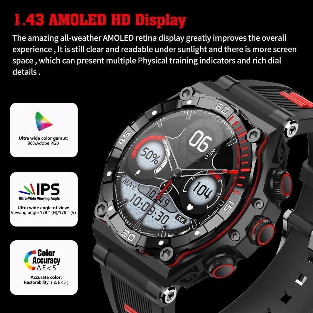 Alt view image 2 of 7 - 1.43 AMOLED Touch Screen Military Smart Watch for Answer Make Calls,700 mAh Tactical Fitness Tracker Sport Smartwatch with 100+ Workout Modes Heart Rate SpO2 Sleep Monitor for Android iOS (Orange)