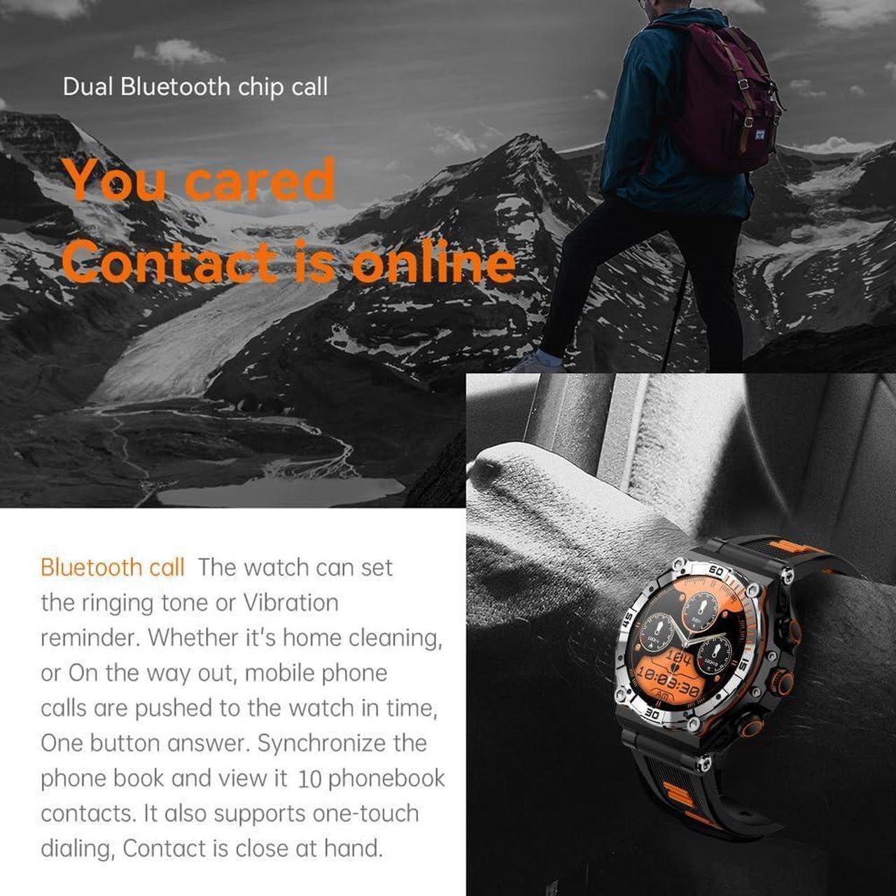 Alt view image 6 of 7 - 1.43 AMOLED Touch Screen Military Smart Watch for Answer Make Calls,700 mAh Tactical Fitness Tracker Sport Smartwatch with 100+ Workout Modes Heart Rate SpO2 Sleep Monitor for Android iOS (Orange)