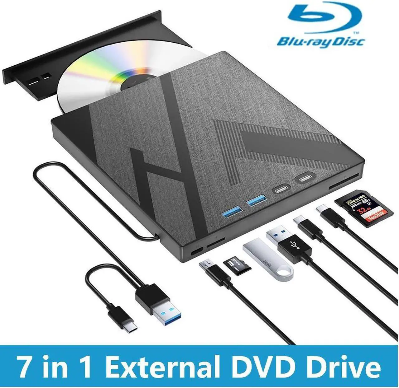 Main image of 7 in 1 External Blu-ray Drive, USB 3.0 Type-C Optical External Blueray/DVD Drive Burner with SD/TF Port, Support 100G Bluray Disc R/W for PC Compatible with Windows XP/7/8/10/11 Mac Laptop Desktop